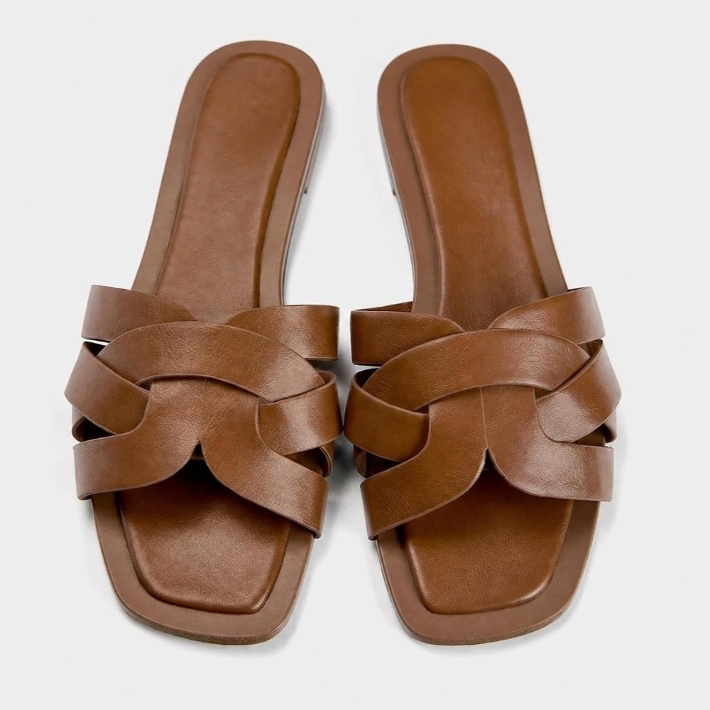 Ataiwee Slide Sandals Women 11 Brown Woven Strap Flat Casual Boho